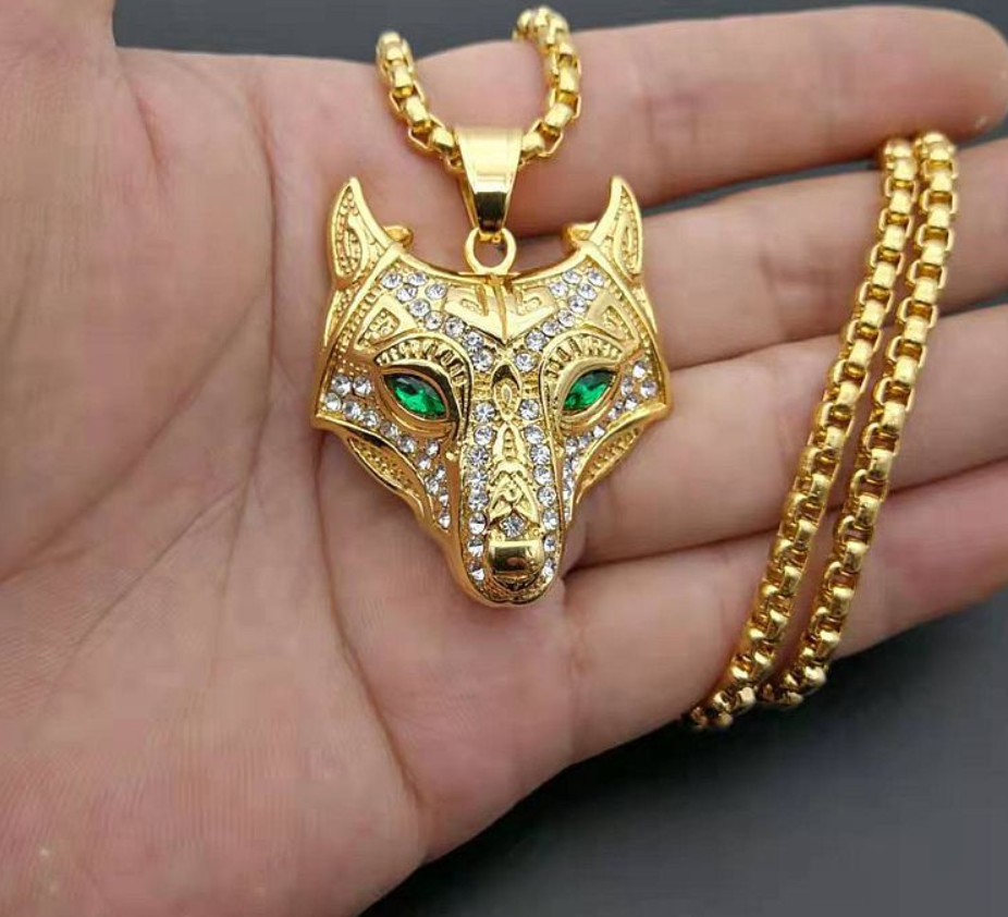 Men Stainless Steel Necklace Gold Color Viking Wolf Head Necklace Pendant With Chain Iced Out Norse Talisman Ethnic Jewelry - Minihomy