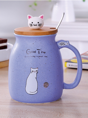 Cartoon Ceramics Cat Mug With Lid and Spoon Coffee Milk Tea Mugs - Minihomy