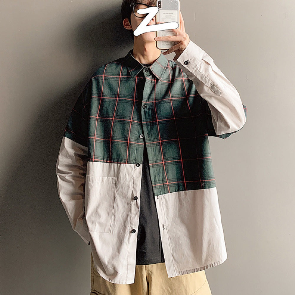 Autumn Japanese plaid stitching shirt men - Minihomy