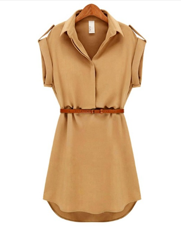 Casual Summer Style Dress Women Casual V-neck Short-Sleeved Shirt Loose Chiffon Mini Dress with Belt - Minihomy