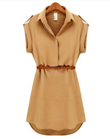 Casual Summer Style Dress Women Casual V-neck Short-Sleeved Shirt Loose Chiffon Mini Dress with Belt