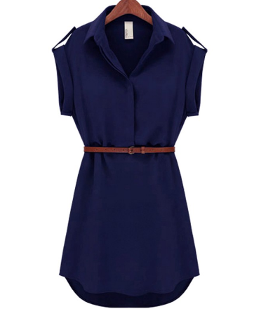 Casual Summer Style Dress Women Casual V-neck Short-Sleeved Shirt Loose Chiffon Mini Dress with Belt