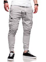 Casual Men Solid Color Multi Pocket Drawstring Ankle Tie Cargo Pants