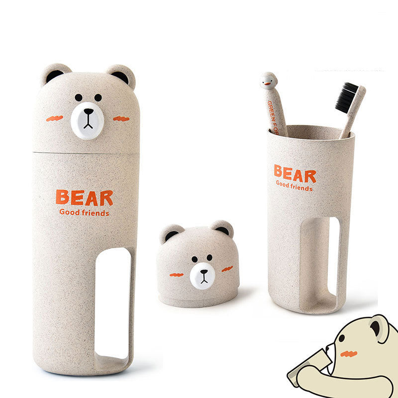 Cartoon Bear Wheat Fiber Travel Mouthwash Cup With Toothbrush Set