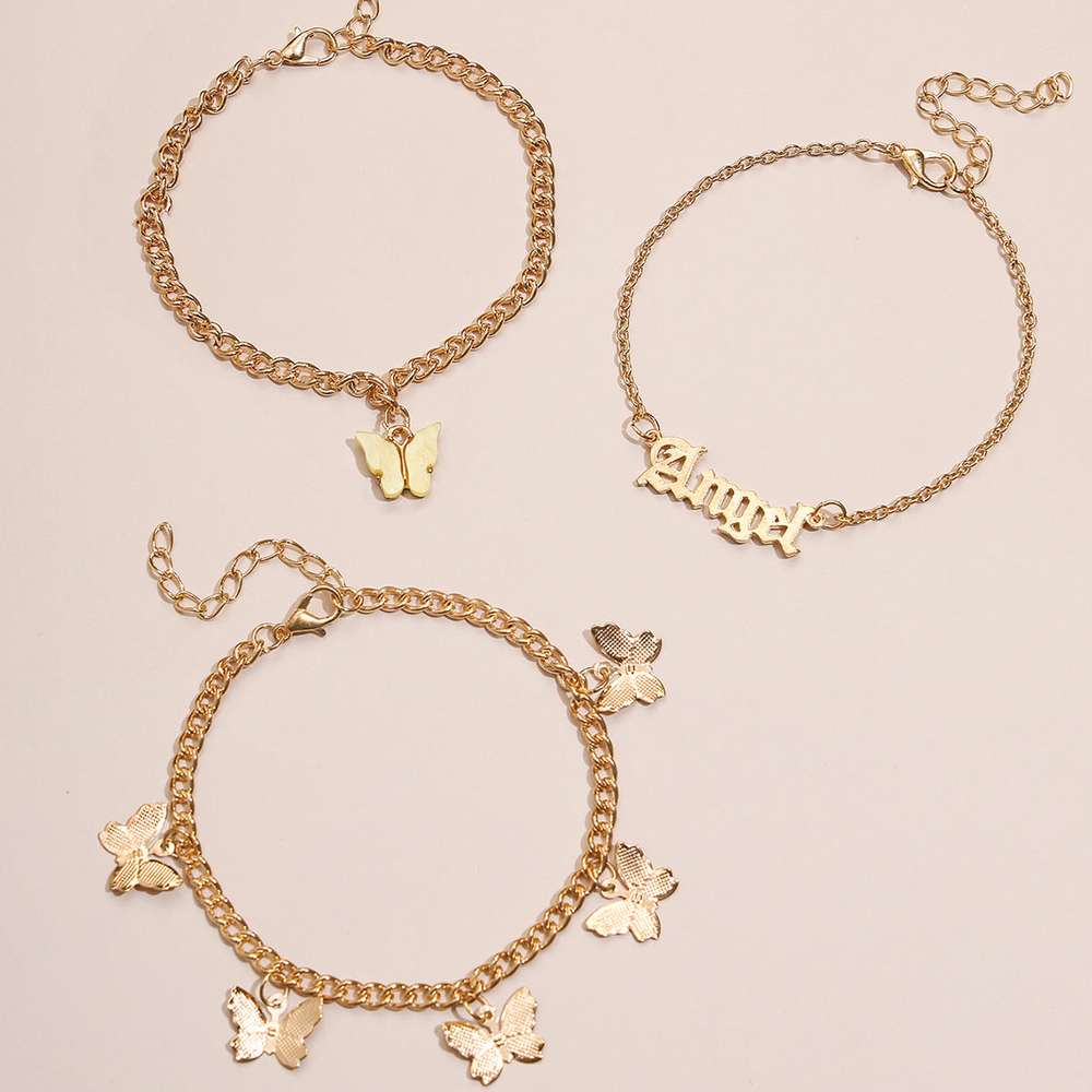 European and American Jane Flower Butterfly Tassel Anklet 3-Piece Set - Minihomy