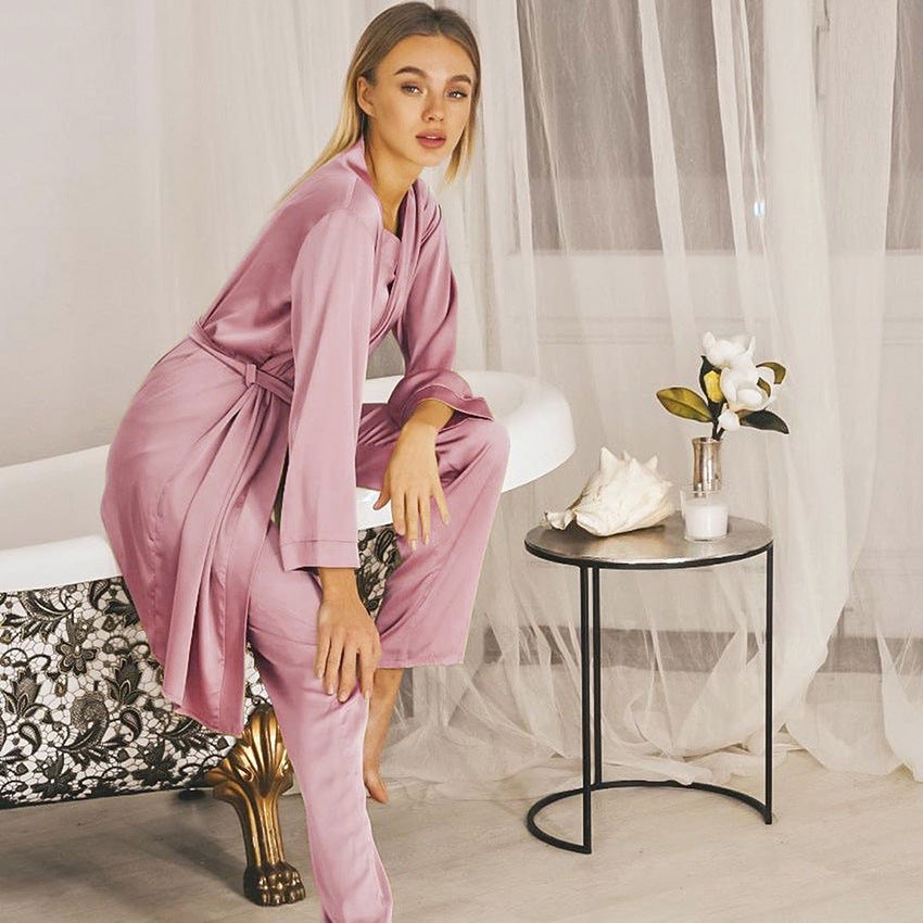 Satin Pink Simple Pajamas Suit Women Night Gown Pajamas