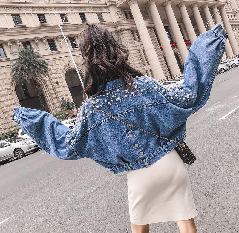 Denim Jacket For Female Students Loose Short And Small Beaded Top