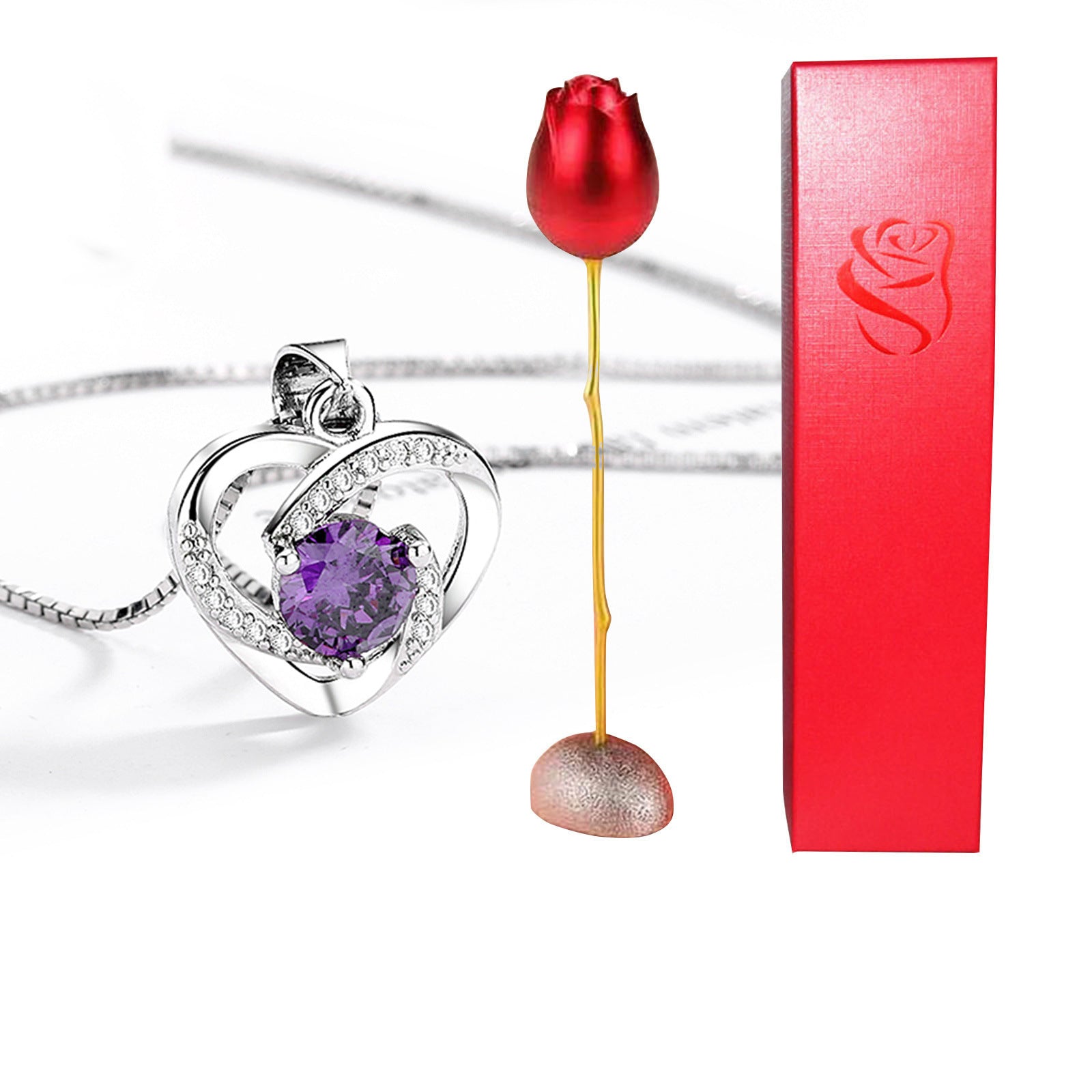 Valentine's Day Gift: Heart-Shaped Blue Purple Crystal Diamond Pendant Rose Head Necklace
