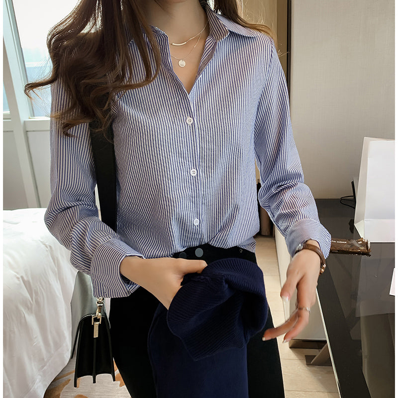 Spring Women's Casual Student Shirt Bottoming Shirt Loose Long-Sleeved Vertical Striped Shirt