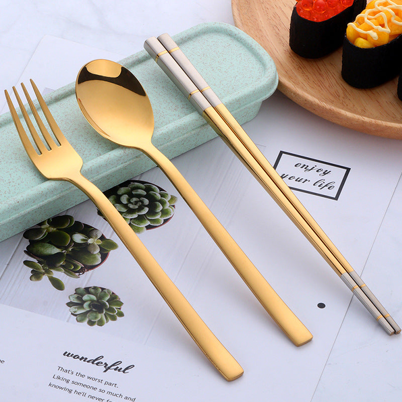 Portable Student Tableware Box Set Cute Chopsticks Spoon Fork Stainless Steel Three-Piece Single Travel