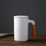 Ceramic Large Capacity Mug Custom Japanese Stoneware Office Cup Wooden Handle Gift Cup With Lid Tea Separation - Minihomy