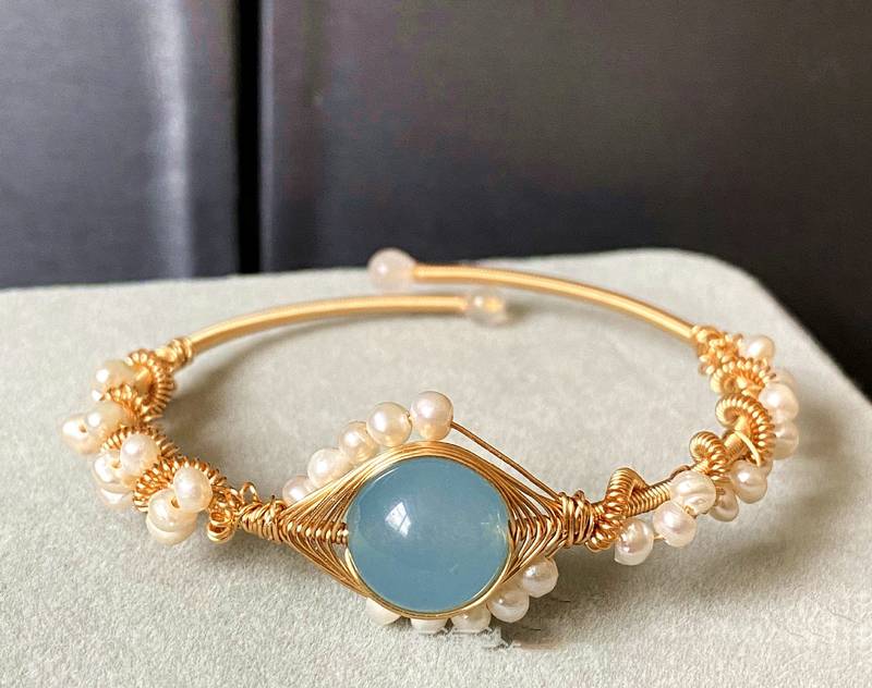 14K Gold Wrapped Handmade Bracelet Hailan Baohai Sapphire Natural White Pearl Bracelet - Minihomy