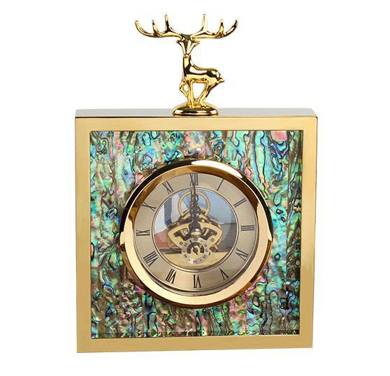 Creative square stainless steel metal golden deer head abalone shell clock stand and clock ornament model room ornament - Minihomy