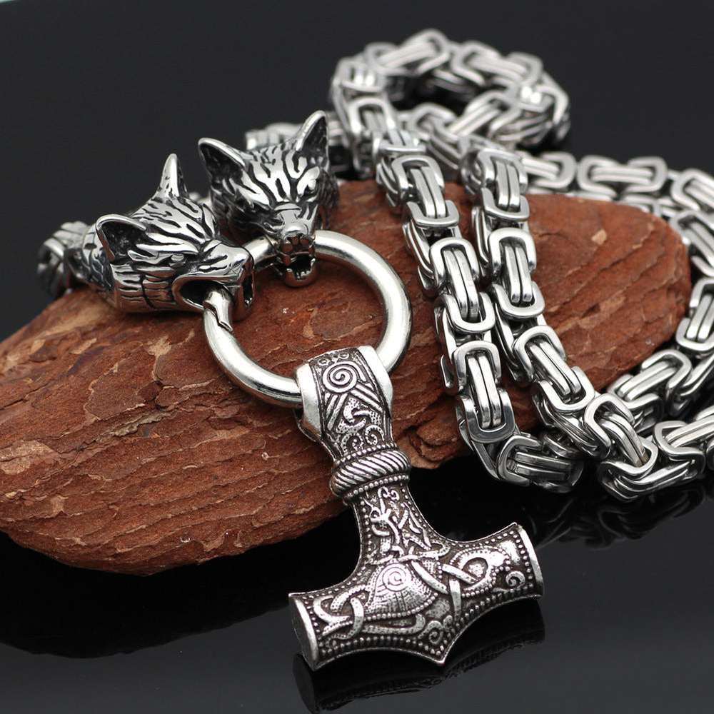 Explosive Viking Wolf Head Hammer Trendy Male Amulet Stainless Steel Emperor Chain Jewelry - Minihomy