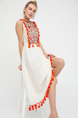 Bohemian Embroidered Floral Fringe Sleeveless Vest Dress