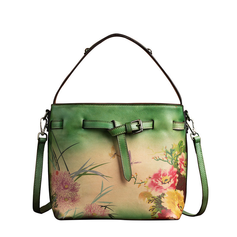 Color Printing Flowers Hand Brush Color Head Layer Leather Hand Inclined Cross Bag - Minihomy