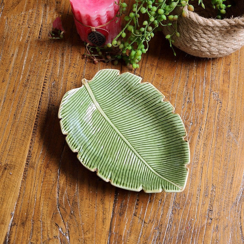 Green Leaf Horizontal Pattern Ceramic Dish Plate Melon Seed Dish Home Accessories Leaf - Minihomy