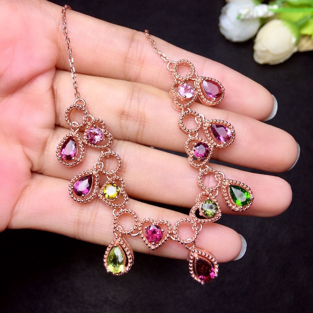 Natural Candy Color Tourmaline Necklace Chain Row Female Crystal Clean Color Good Brazil Rainbow Candy Tourmaline