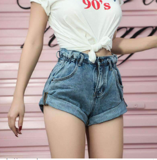 High waist denim shorts female elastic waist cuff wide leg pants shorts - Minihomy