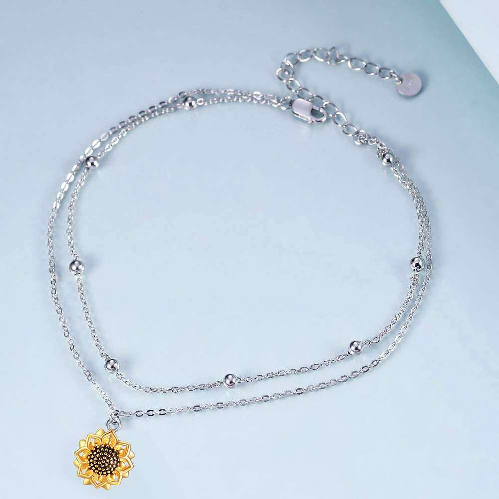 925 Sterling Silver Sunflower Layered Anklets for Girls Women - Minihomy