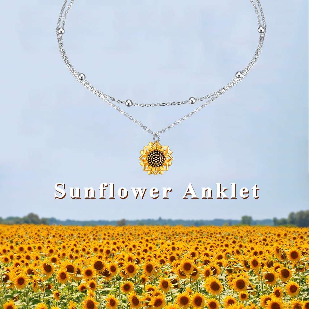 925 Sterling Silver Sunflower Layered Anklets for Girls Women - Minihomy