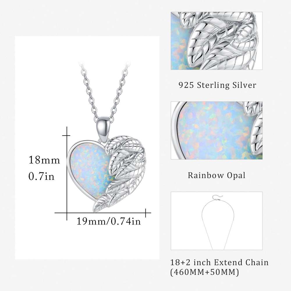 925 Sterling Silver  Angel Wing Heart Opal Guardian Dainty Rainbow Pendant Necklace Jewelry - Minihomy