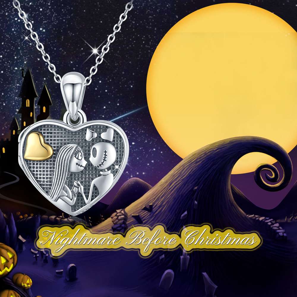 925 Sterling Silver Jack Skellington and Sally Heart Necklace That Holds Pictures Jewelry Gift for Women Gilrfriend Christmas - Minihomy