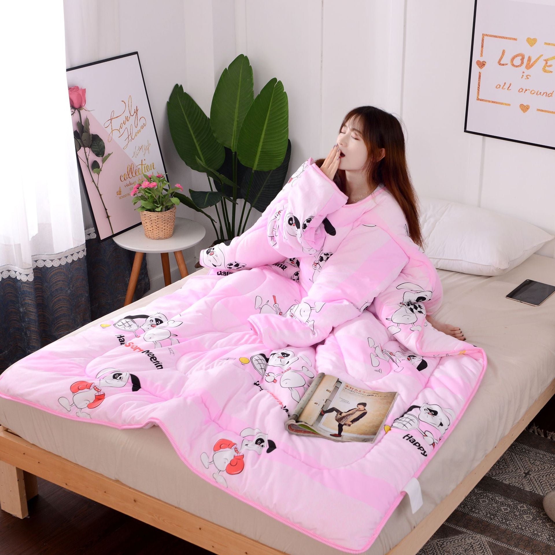 Multifunction Lazy Quilt with Sleeves Winter Warm Thickened Washed Quilt Blanket