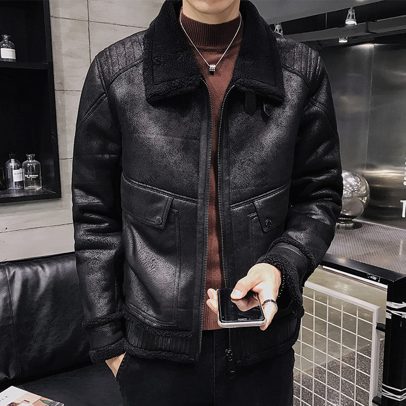 Men Faux Leather Jacket Warm Velvet Collar Outwear - Minihomy