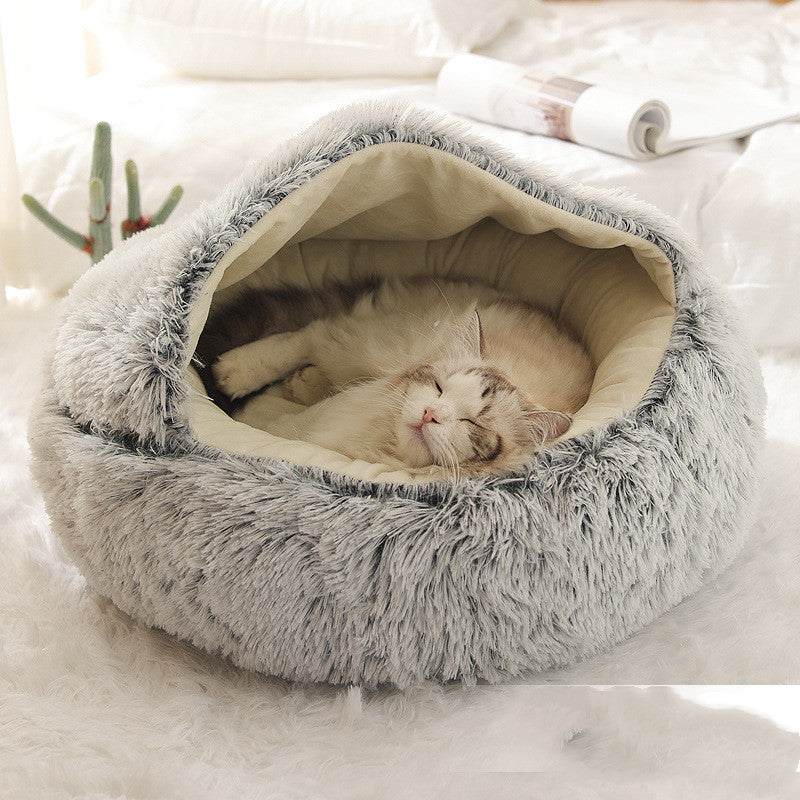 Pet Bed Round Plush Warm Bed House Soft Long Plush Bed  2 In 1 Bed - Minihomy