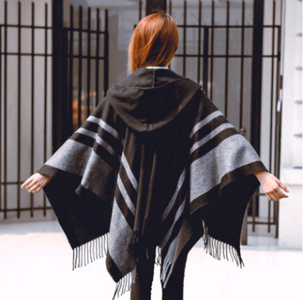 Autumn and winter ladies cloak shawl hooded warm tassel scarf - Minihomy