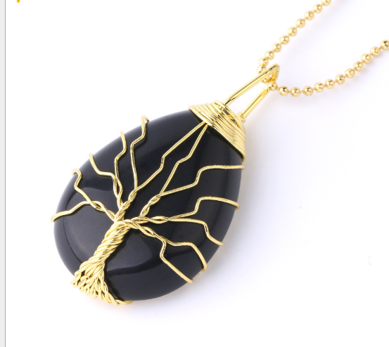 Natural Stone Pendant Gold Color Wire Wrap Gem - Minihomy