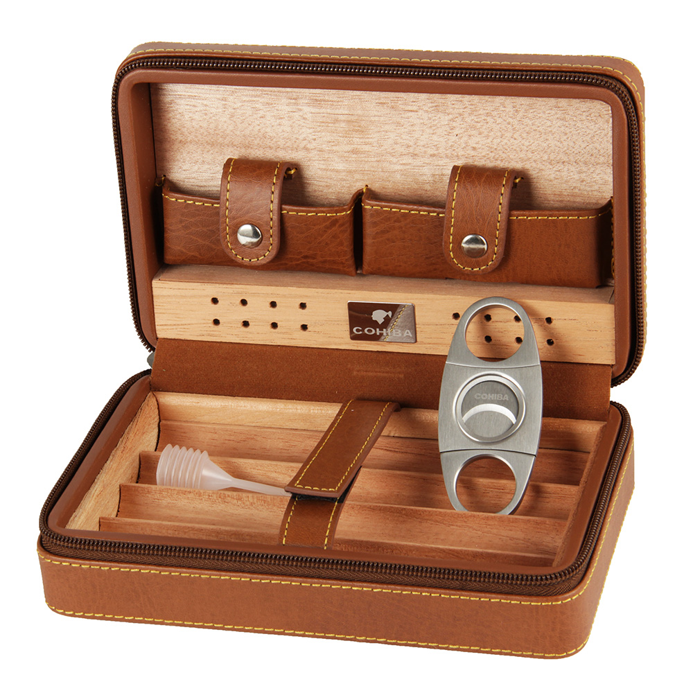 COHIBA cigar box set Gao Xiba leather cedar wood cigar humidor lighter cigar scissors set - Minihomy