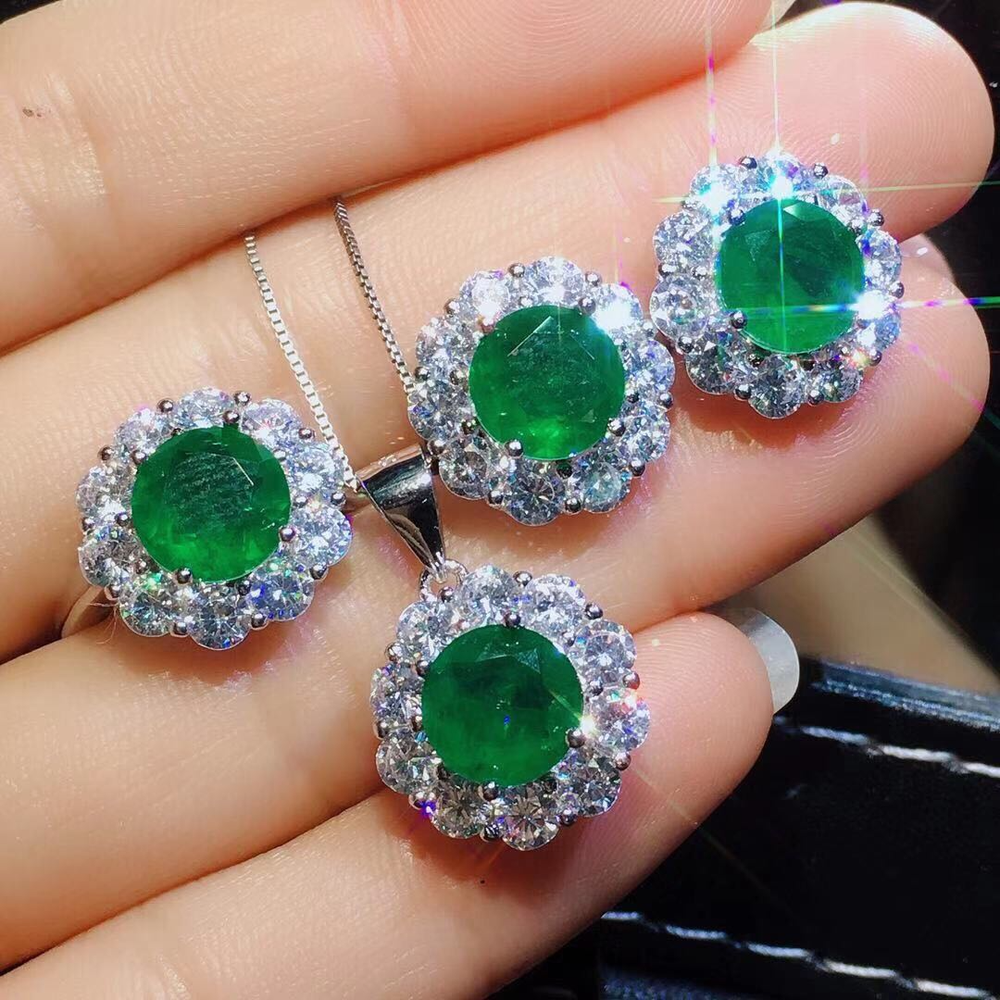 Colombian Emerald Ring Pendant Earring Set - Minihomy