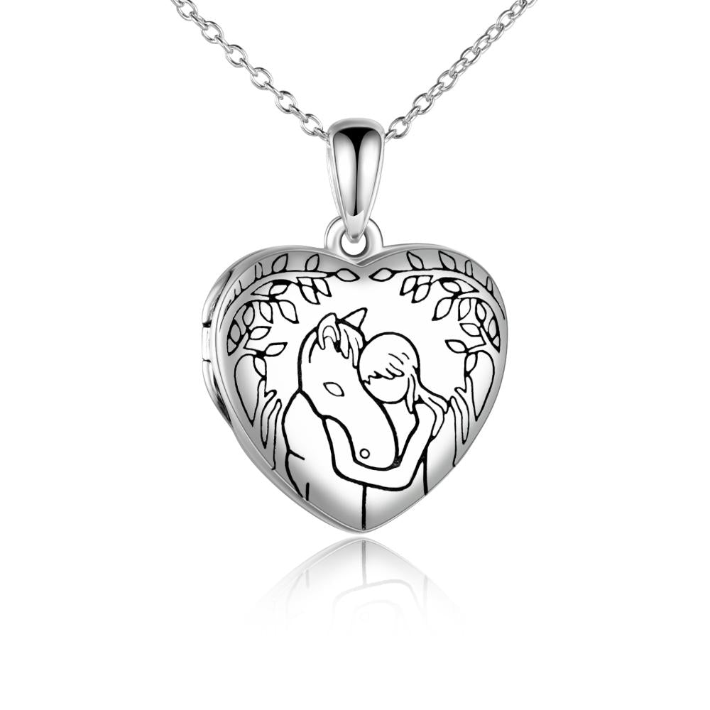 Sterling Silver Heart Pendant Horse and Girl Photo lockt Necklace Gift for Her