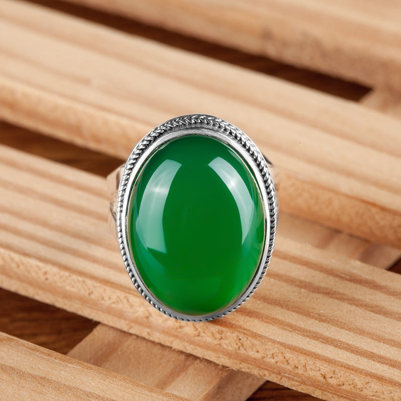 925 sterling silver Thai silver natural green chalcedony ring vintage index ring female exaggerated gemstone ring - Minihomy