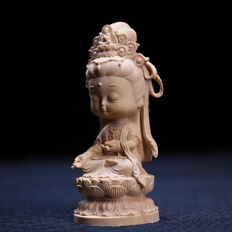 Boxwood Carving Cute Guanyin Ornaments Buddha Statues Hand-carved Crafts