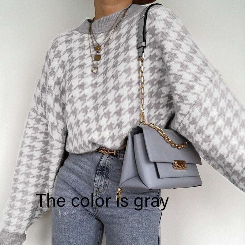 Houndstooth knit casual retro pullover sweater - Minihomy