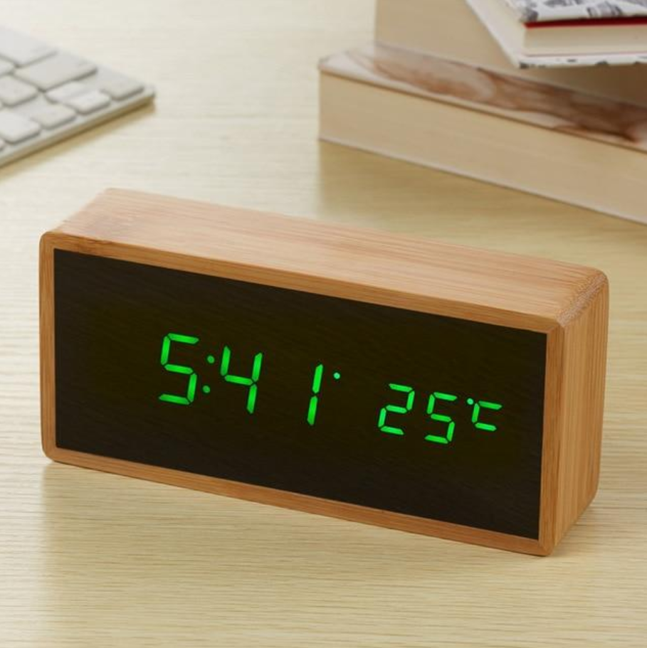 Bamboo Wooden Mirror Alarm Clocks Temperature Sounds Control Desktop Clock