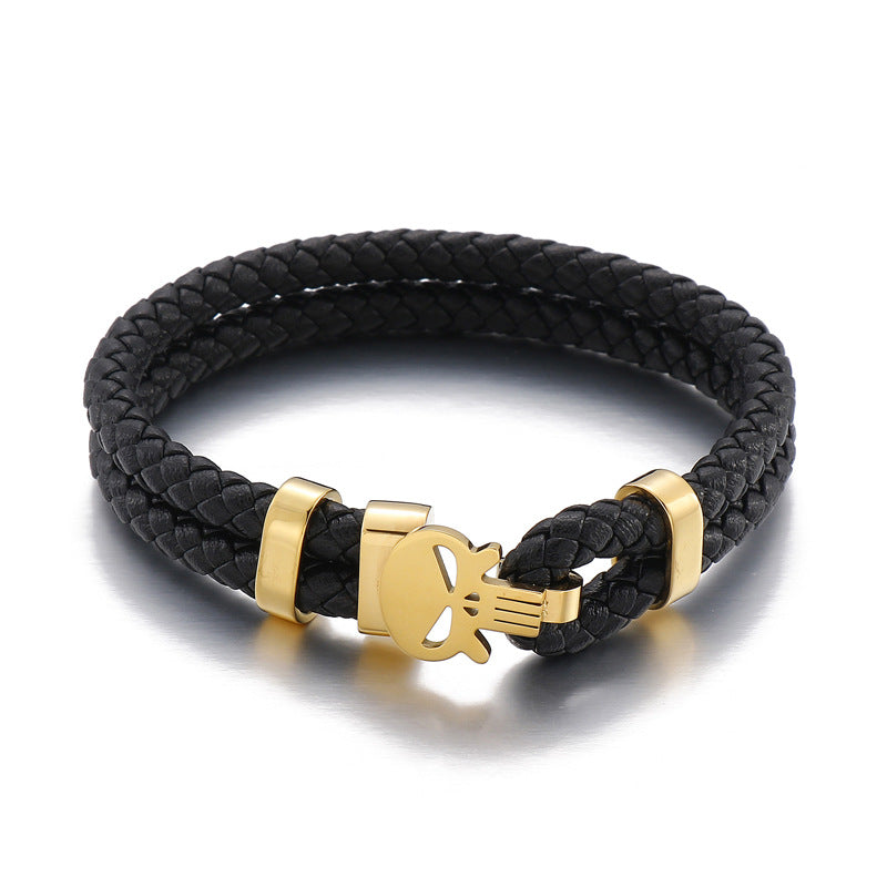 Double Layer Leather Stainless Steel Skull Bracelet - Minihomy