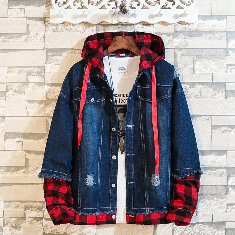 Autumn Men's Denim Jacket Patchwork Chaqueta Hombre Female Hooded Streetwear - Minihomy