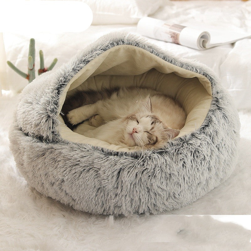 Pet Bed Round Plush Warm Bed House Soft Long Plush Bed  2 In 1 Bed - Minihomy