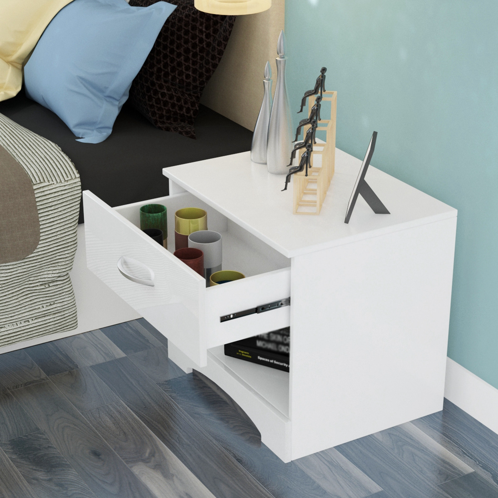 Modern High-gloss Bedside Table Storage Cabinet With One Drawer