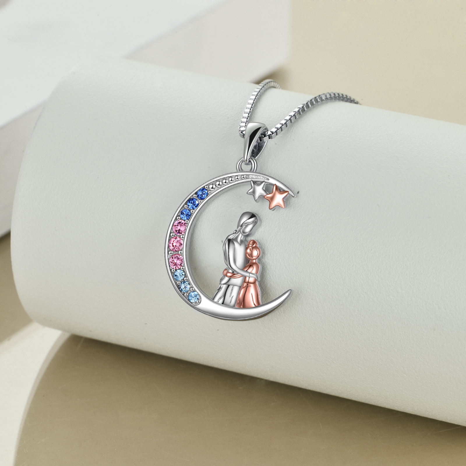 Crescent Moon Family Necklace for Women Teens Sterling Silver Jewelry with Crystal