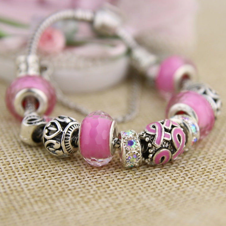 Explosive Beaded Alloy Pink Ribbon Bracelet - Minihomy