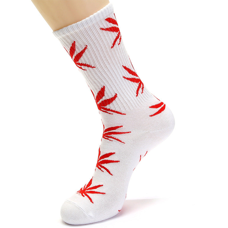 Threaded Tube Maple Leaf Printed Cotton Socks