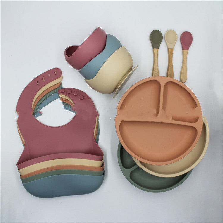 Bib Dinner Plate Spoon Bowl 4 Piece Set Silicone Baby Bowl Plate Set - Minihomy