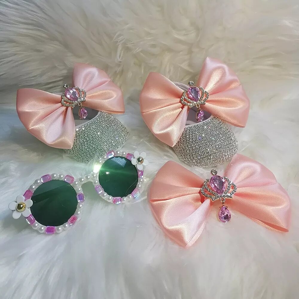 Handmade Bow Rhinestones Baby Girl Kids Shoes Hairband Sunglasses - Minihomy