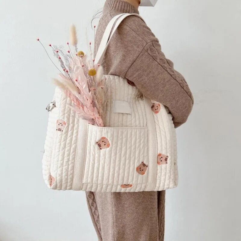 Color: small rabbit - Bear Embroidery Baby Diaper Bag for Mother Cotton Mommy Bag Maternity Nappy Stroller Organizer Women Shoulder Bag Travel Outdoor