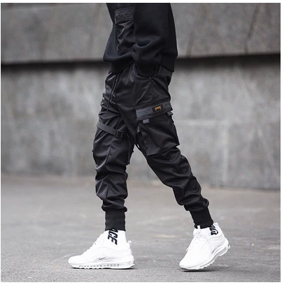 Men Black Hip Hop Cargo Pants Elastic Waist Jogger Trousers